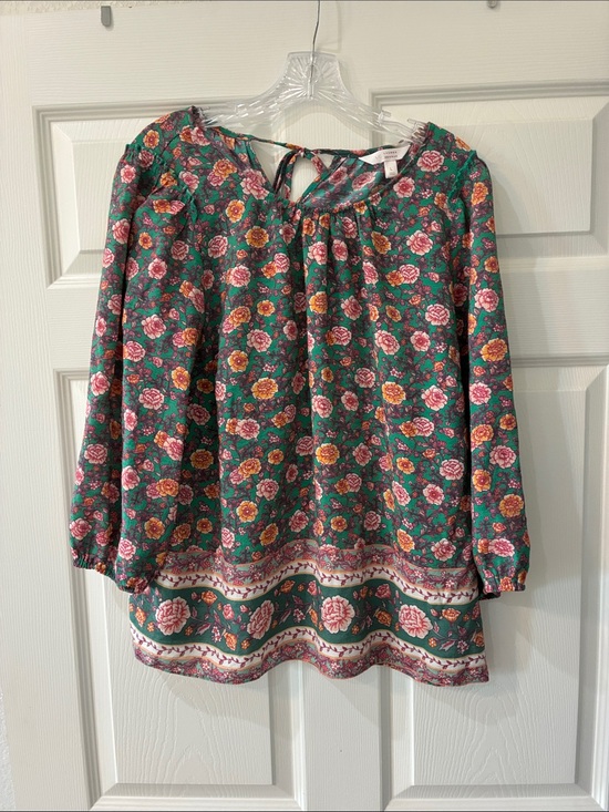 LC Lauren Conrad Tops - LC Lauren Conrad Green Floral Peasant Tunic with Pink & Yellow Blooms